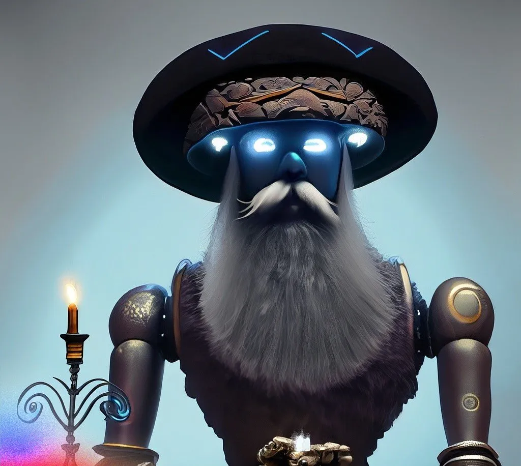 Illustration of a futuristic bearded robot in a wide-brimmed hat beside a candle