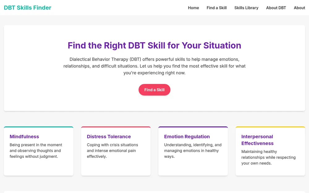 Screenshot of the DBT Skills Finder app